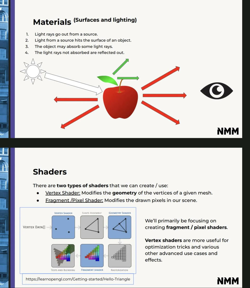 An image from one of Tech Hub's lessons describing materials and shaders in 3D modelling.